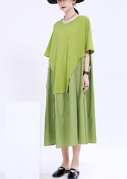 Organic Green O-Neck Loose Ankle Summer Cotton Dress - bagstylebliss