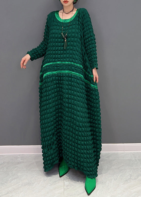 Organic Green O Neck Wrinkled Patchwork Cotton Long Dress Fall