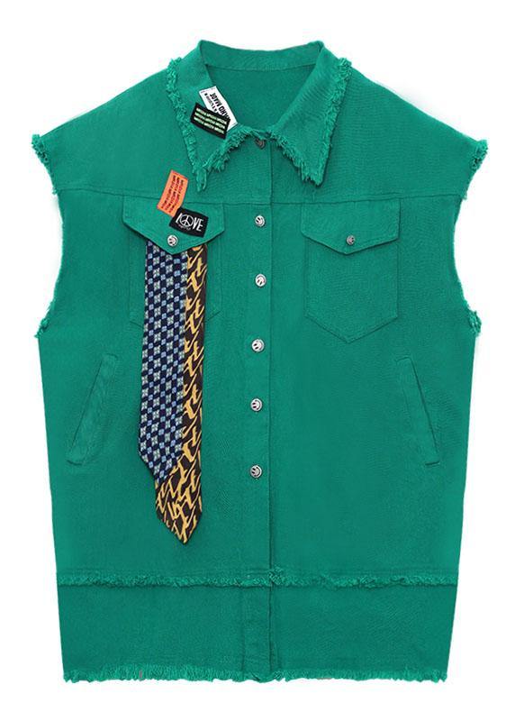Organic Green Peter Pan Collar Button Pockets Fall Sleeveless Waistcoat - bagstylebliss