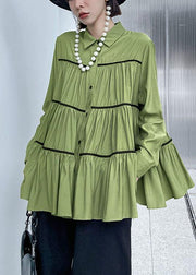 Organic Green PeterPan Collar Button Wrinkled Fall Blouses Long Sleeve - bagstylebliss