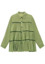Organic Green PeterPan Collar Button Wrinkled Fall Blouses Long Sleeve - bagstylebliss