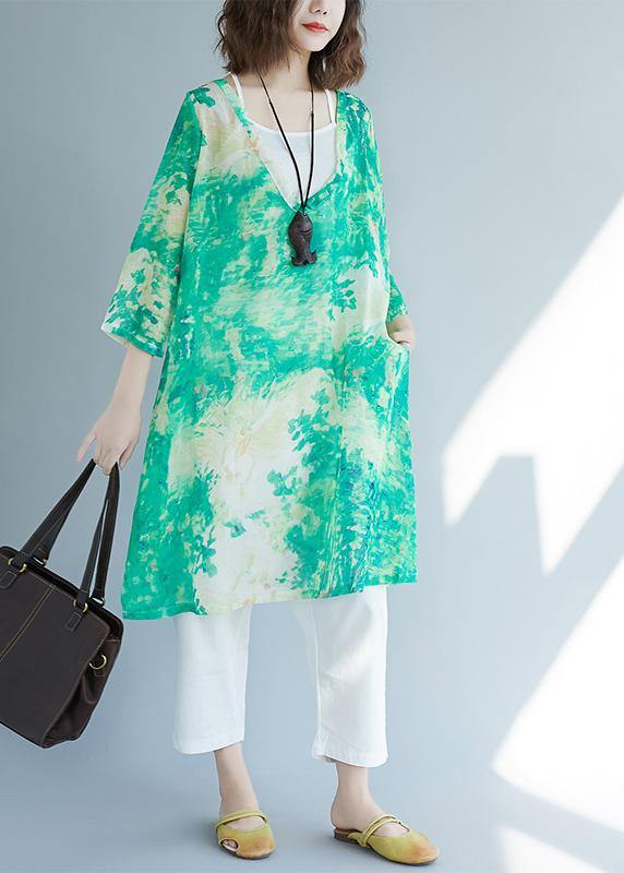 Organic Green Print Shirts V Neck Pockets  Blouses - bagstylebliss