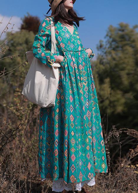 Organic Green Print dress V-Neck Spring Dress - bagstylebliss