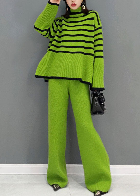 Organic Green Turtle Neck Gestreifte Hose mit weitem Bein Knit Two Pieces Set Spring