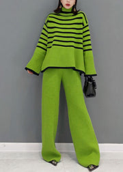 Organic Green Turtle Neck Gestreifte Hose mit weitem Bein Knit Two Pieces Set Spring