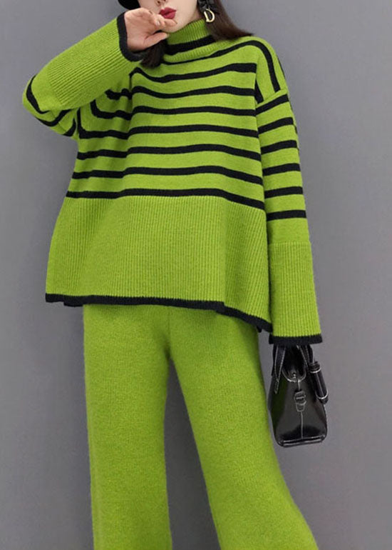 Organic Green Turtle Neck Gestreifte Hose mit weitem Bein Knit Two Pieces Set Spring