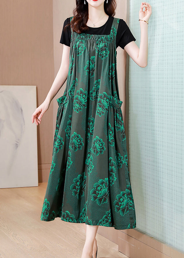 Organic Green Wrinkled Pockets Print Spaghetti Strap Dress Two Pieces Set Summer
