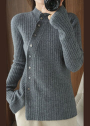 Organic Grey Asymmetric Button Wollstrickoberteil Winter