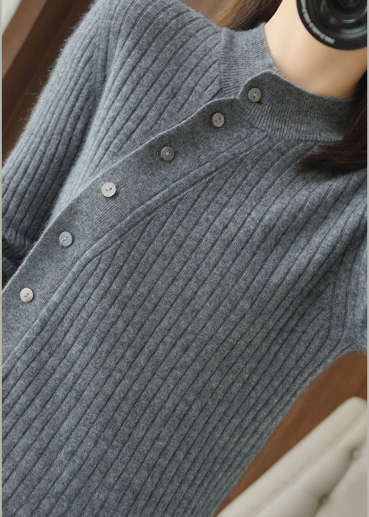 Organic Grey Asymmetric Button Wollstrickoberteil Winter