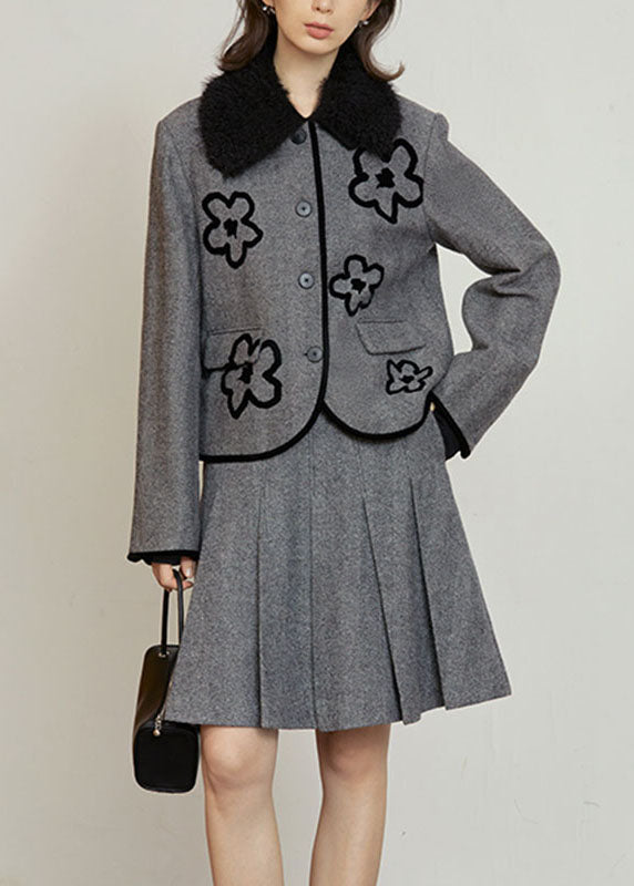 Organic Grey Floral Button Woolen Coat And Skirts Two Pieces Set Fall