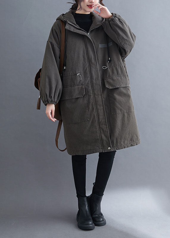 Organic Grey Hooded Zippered Pockets Winter Long sleeve Coat