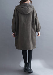 Organic Grey Hooded Zippered Pockets Winter Long sleeve Coat