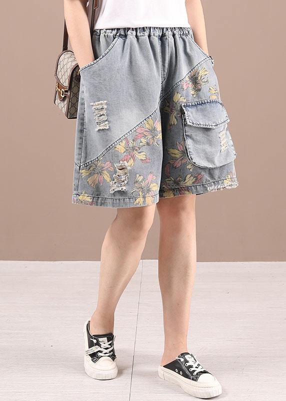 Organic Grey Patchwork Print Denim hot Pants - bagstylebliss