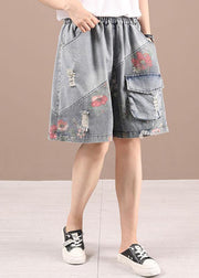 Organic Grey Patchwork Print Denim hot Pants - bagstylebliss