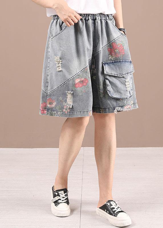 Organic Grey Patchwork Print Denim hot Pants - bagstylebliss