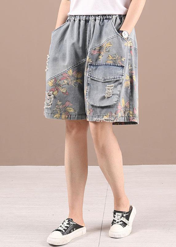 Organic Grey Patchwork Print Denim hot Pants - bagstylebliss