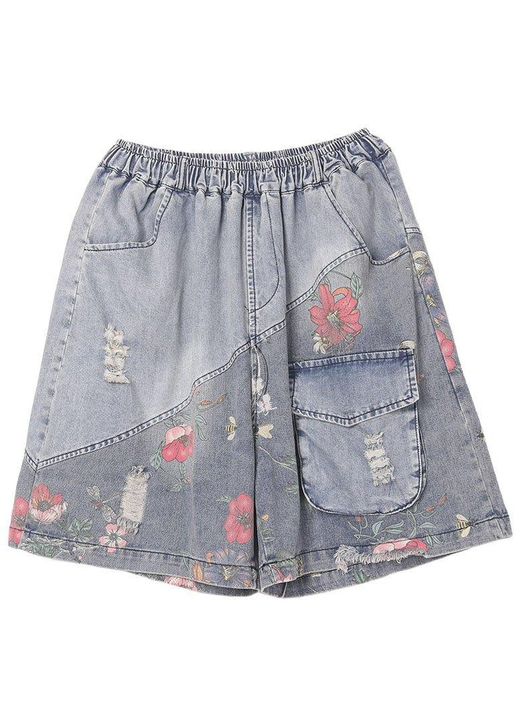 Organic Grey Patchwork Print Denim hot Pants - bagstylebliss