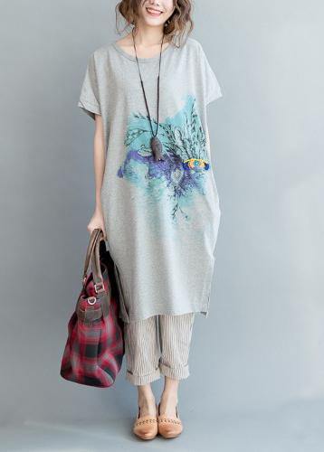 Organic Grey Print Cotton side open Summer Vacation Dresses - bagstylebliss