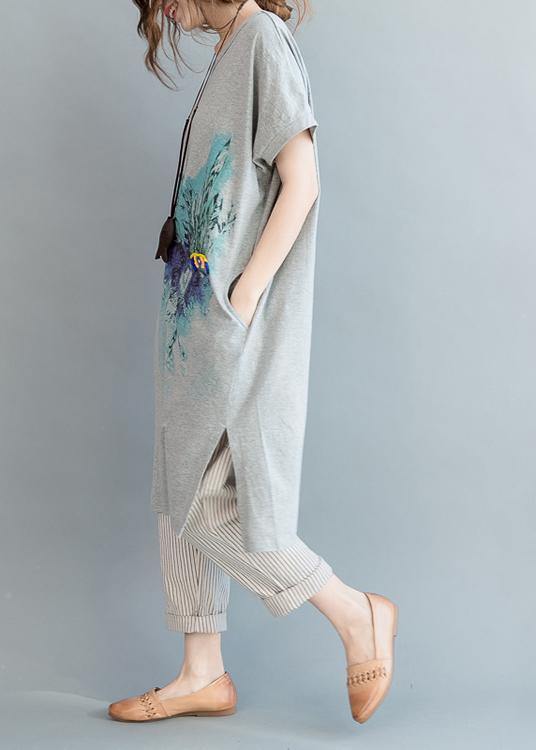 Organic Grey Print Cotton side open Summer Vacation Dresses - bagstylebliss