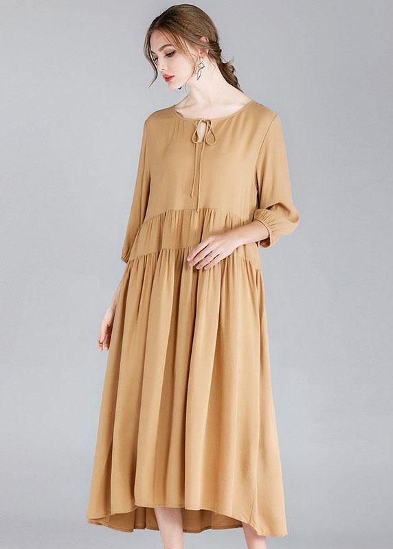 Organic Khaki Drawstring low High Design Spring Holiday Dress Three Quarter Sleeve - bagstylebliss