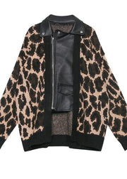 Organic Leopard Fashion Coats Women Cotton lapel zippered outwear - bagstylebliss