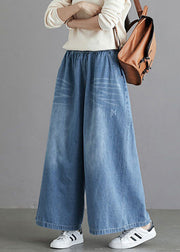 Organic Light Blue Elastic Waist Pockets Cotton Wide Leg Denim Pants Spring