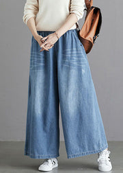 Organic Light Blue Elastische Taillentaschen Cotton Wide Leg Denim Pants Spring