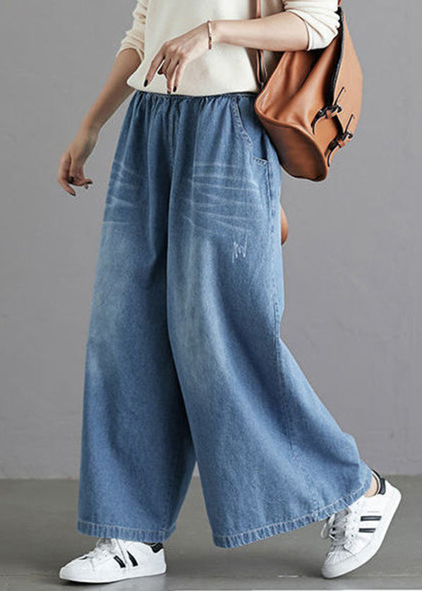 Organic Light Blue Elastic Waist Pockets Cotton Wide Leg Denim Pants Spring