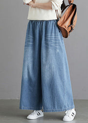 Organic Light Blue Elastische Taillentaschen Cotton Wide Leg Denim Pants Spring