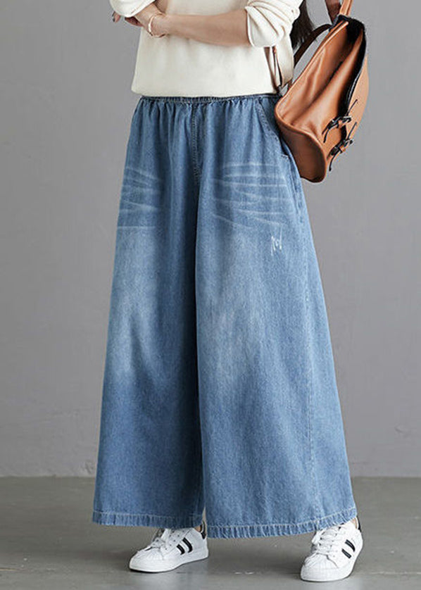 Organic Light Blue Elastische Taillentaschen Cotton Wide Leg Denim Pants Spring