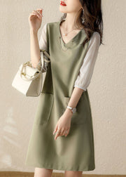 Organic Light Green V Neck Patchwork Cotton Dress Spring