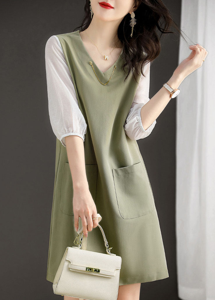 Organic Light Green V Neck Patchwork Cotton Dress Spring