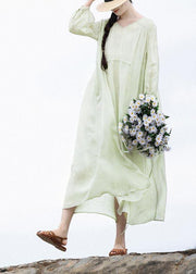 Organic Light Green V Neck Pockets Ankle Summer Linen Dress - bagstylebliss