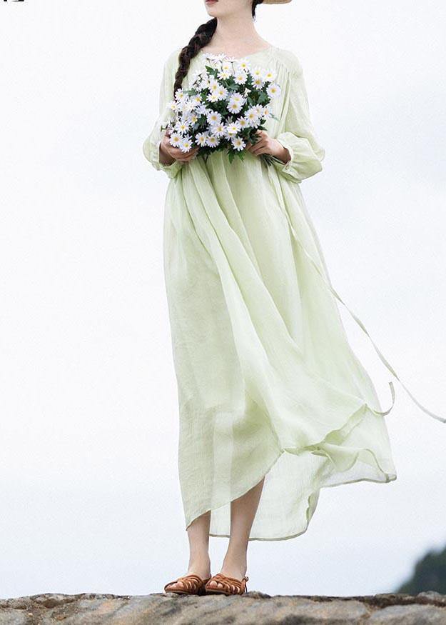 Organic Light Green V Neck Pockets Ankle Summer Linen Dress - bagstylebliss