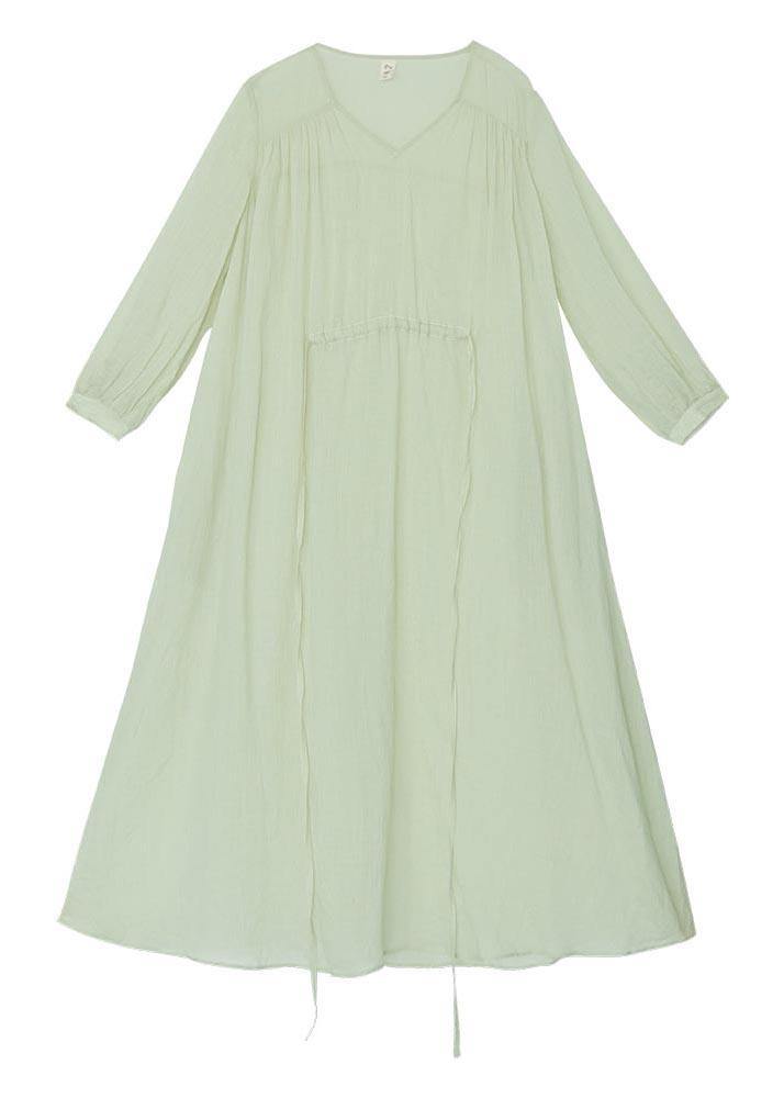 Organic Light Green V Neck Pockets Ankle Summer Linen Dress - bagstylebliss