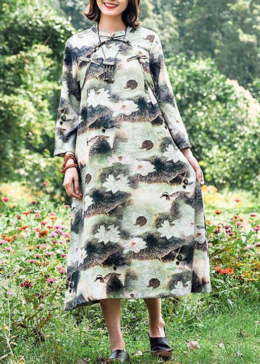 Organic Lotus Quilting Dresses Stand Collar Chinese Button Robes Spring Dresses - bagstylebliss