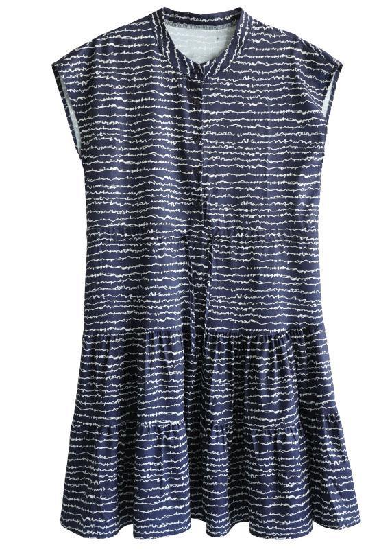 Organic Navy O-Neck Button Print Summer Short Sleeve Dress - bagstylebliss