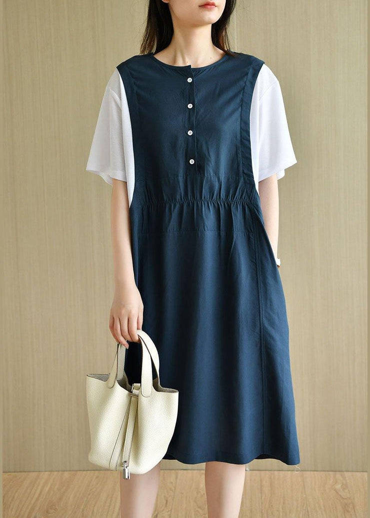 Organic Navy Patchwork Button Summer Short Sleeve Sundress - bagstylebliss