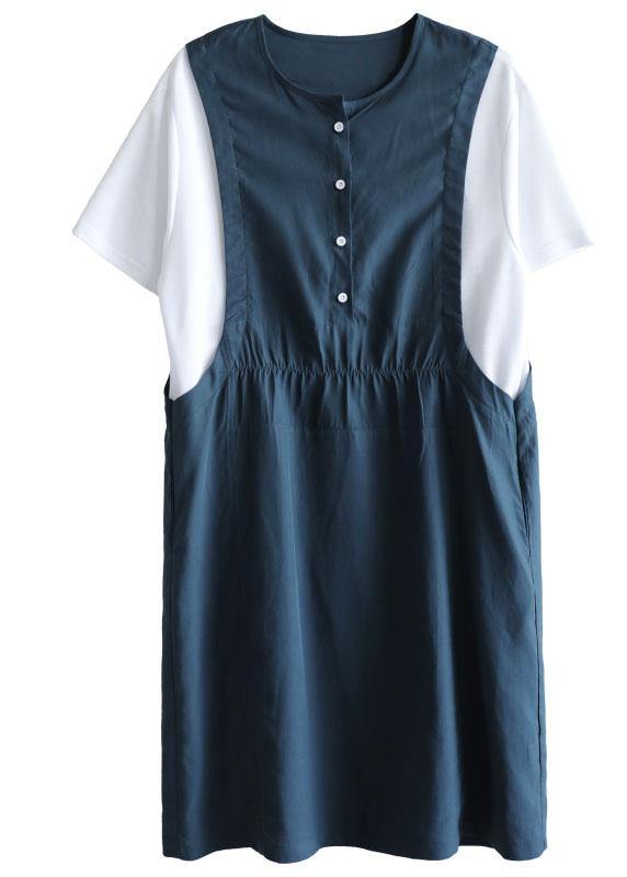 Organic Navy Patchwork Button Summer Short Sleeve Sundress - bagstylebliss