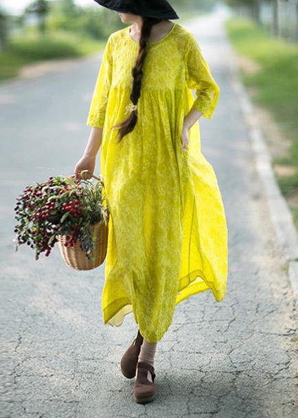 Organic O Neck Cinched Long Shirts Lnspiration Yellow Print Kaftan Dresses - bagstylebliss