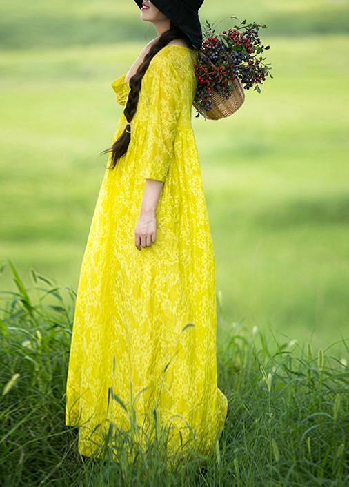 Organic O Neck Cinched Long Shirts Lnspiration Yellow Print Kaftan Dresses - bagstylebliss