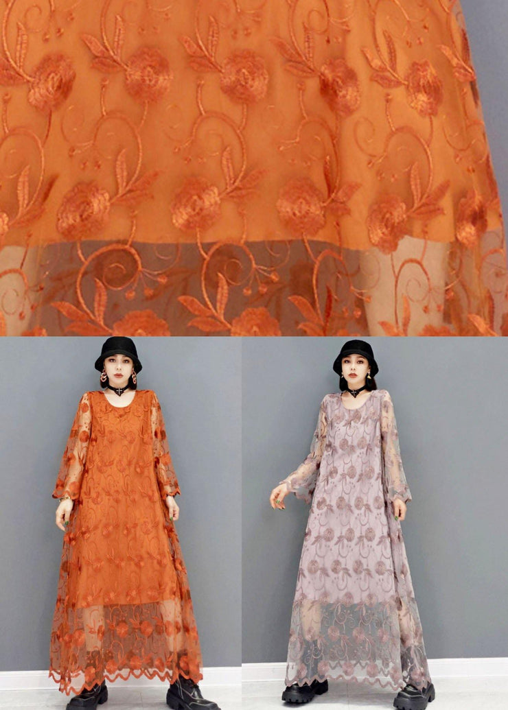 Organic Orange Fashion O-Neck Long Sleeve Lace Fall Dress - bagstylebliss