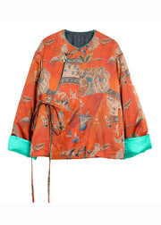 Organic Orange Print Tie Waist Cotton Coats Long Sleeve