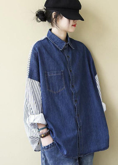 Organic Patchwork Shirts Women Denim Blue Tops - bagstylebliss