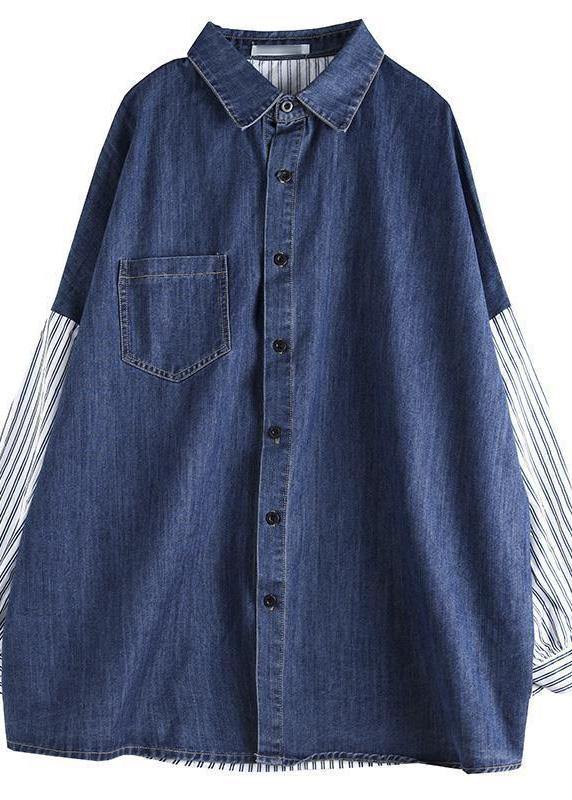Organic Patchwork Shirts Women Denim Blue Tops - bagstylebliss