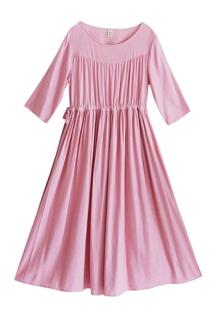 Organic Pink Clothes For Women O Neck Drawstring Summer Dresses - bagstylebliss