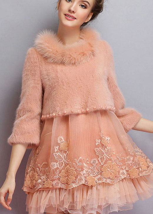 Organic Pink Embroideried Nail bead fashion Winter sweaters Dress