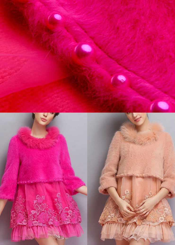 Organic Pink Embroideried Nail bead fashion Winter sweaters Dress