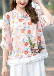 Organic Pink Embroidered Patchwork Print Linen Shirts Half Sleeve