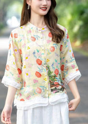 Organic Pink Embroidered Patchwork Print Linen Shirts Half Sleeve